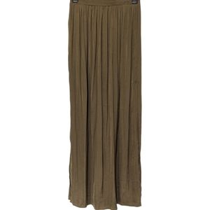 Neutral tone flowy olive maxi skirt with side slits and stretchy waist